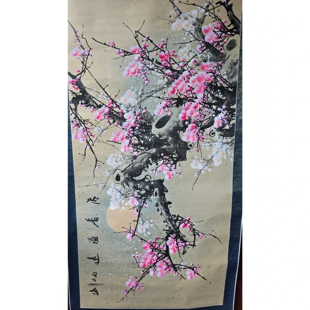 Vintage Chinese Hanging Scroll Painting Pink Plum Blossom Cherry Branch 30x68